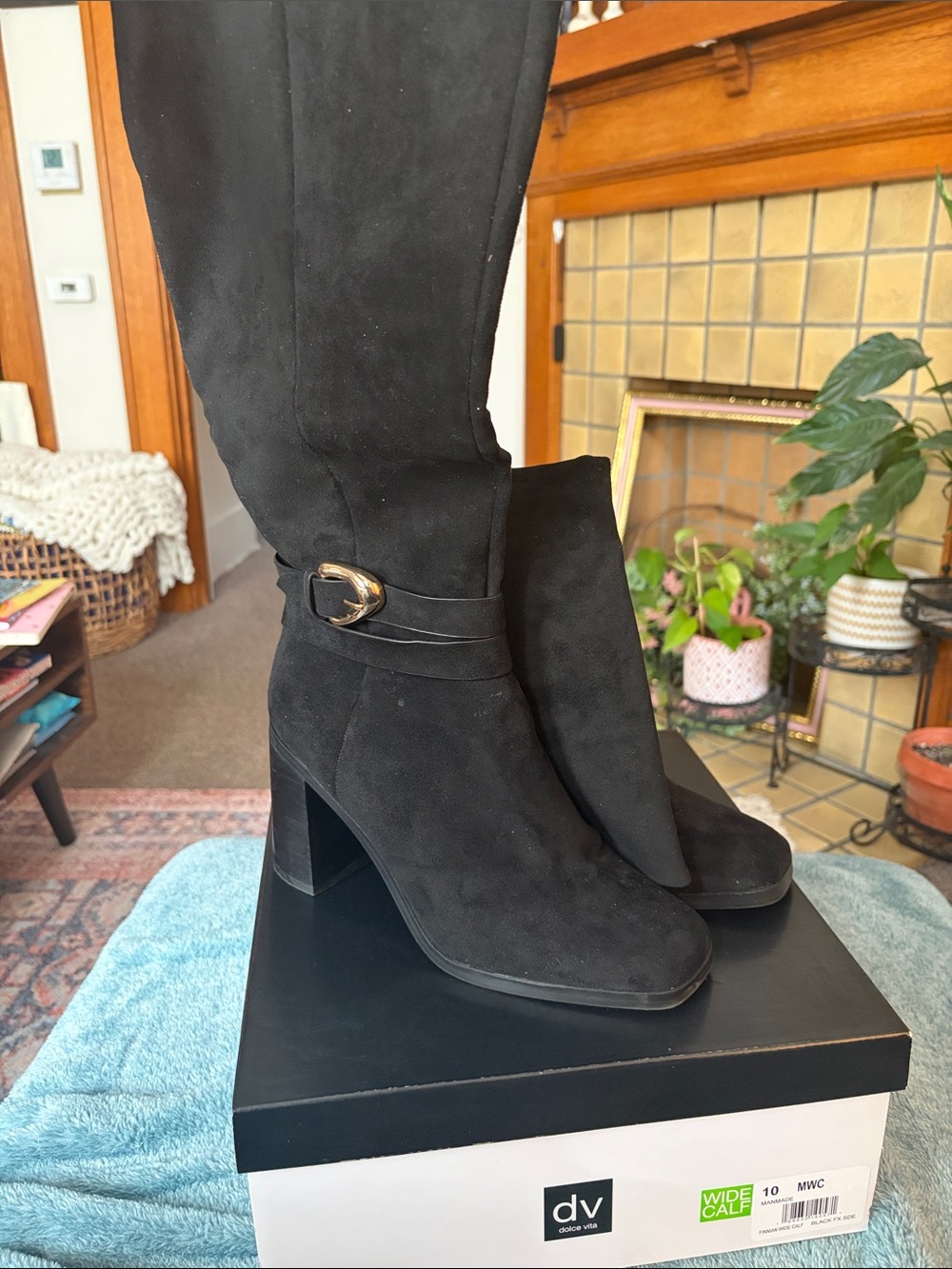 DV by Dolce Vita Black Suede Wide-Calf Block Heel Boots with gold Buckle